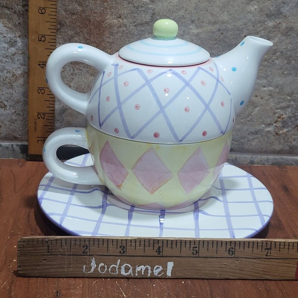 Tea  For One Stacking Set Nesting Geometric Pattern - Picture 8 of 10